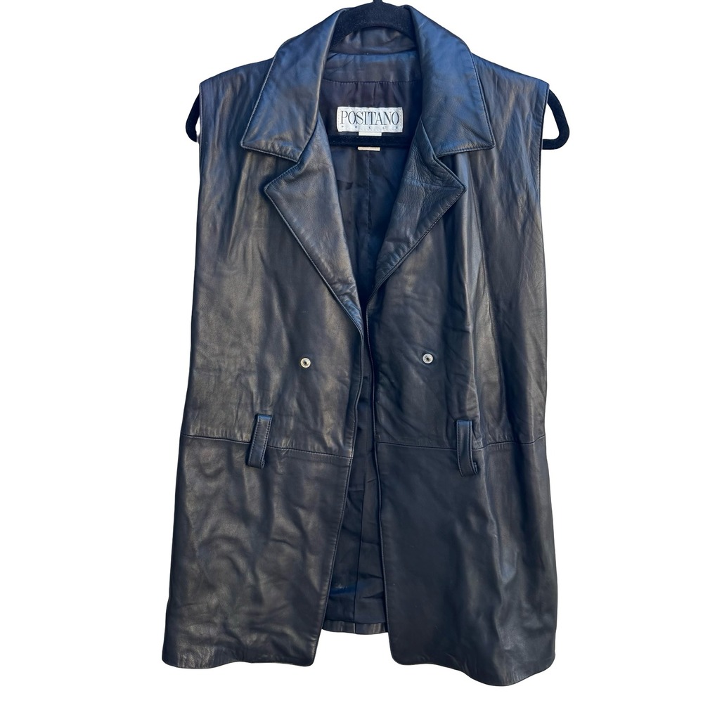 Positano Pelle Vintage‎ 90s Grunge Goth Biker Edgy Black Leather Longline Vest S